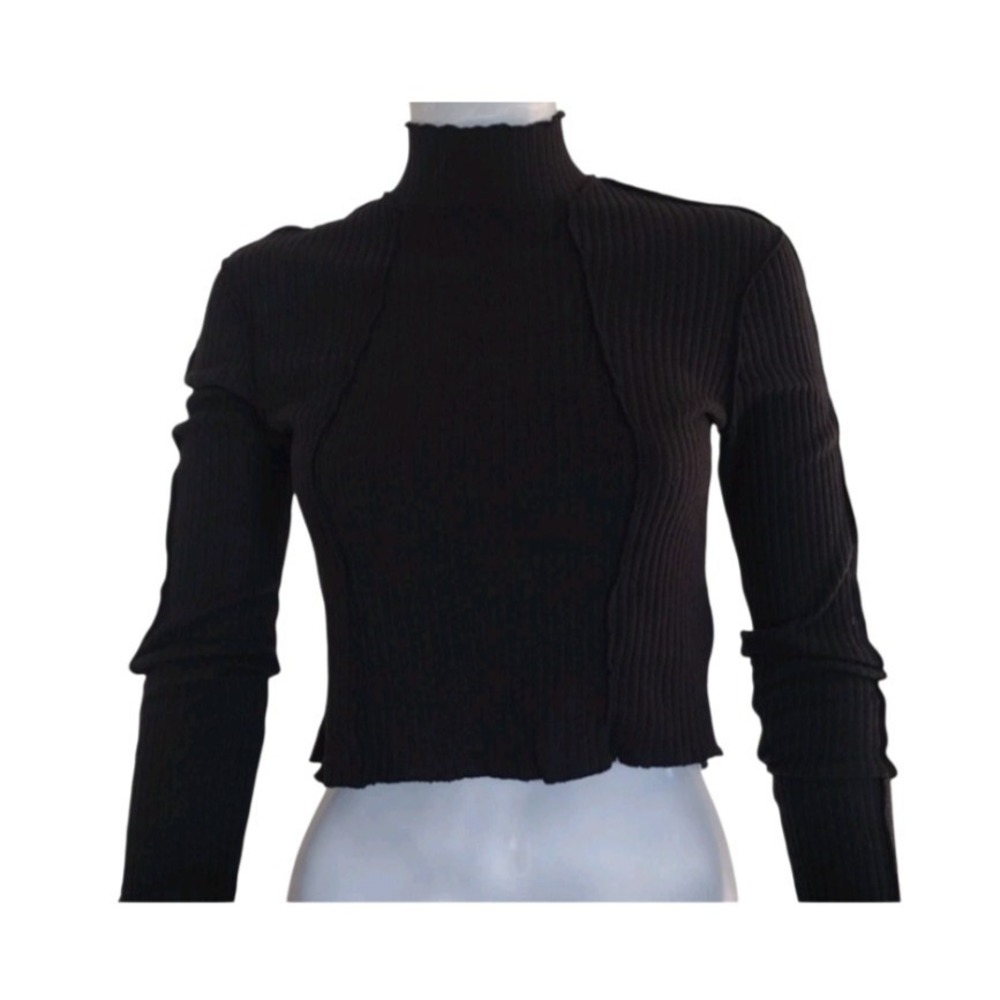 And Now This Top Wimens Small Black Ribbed Mock Neck Cropped Inside Out